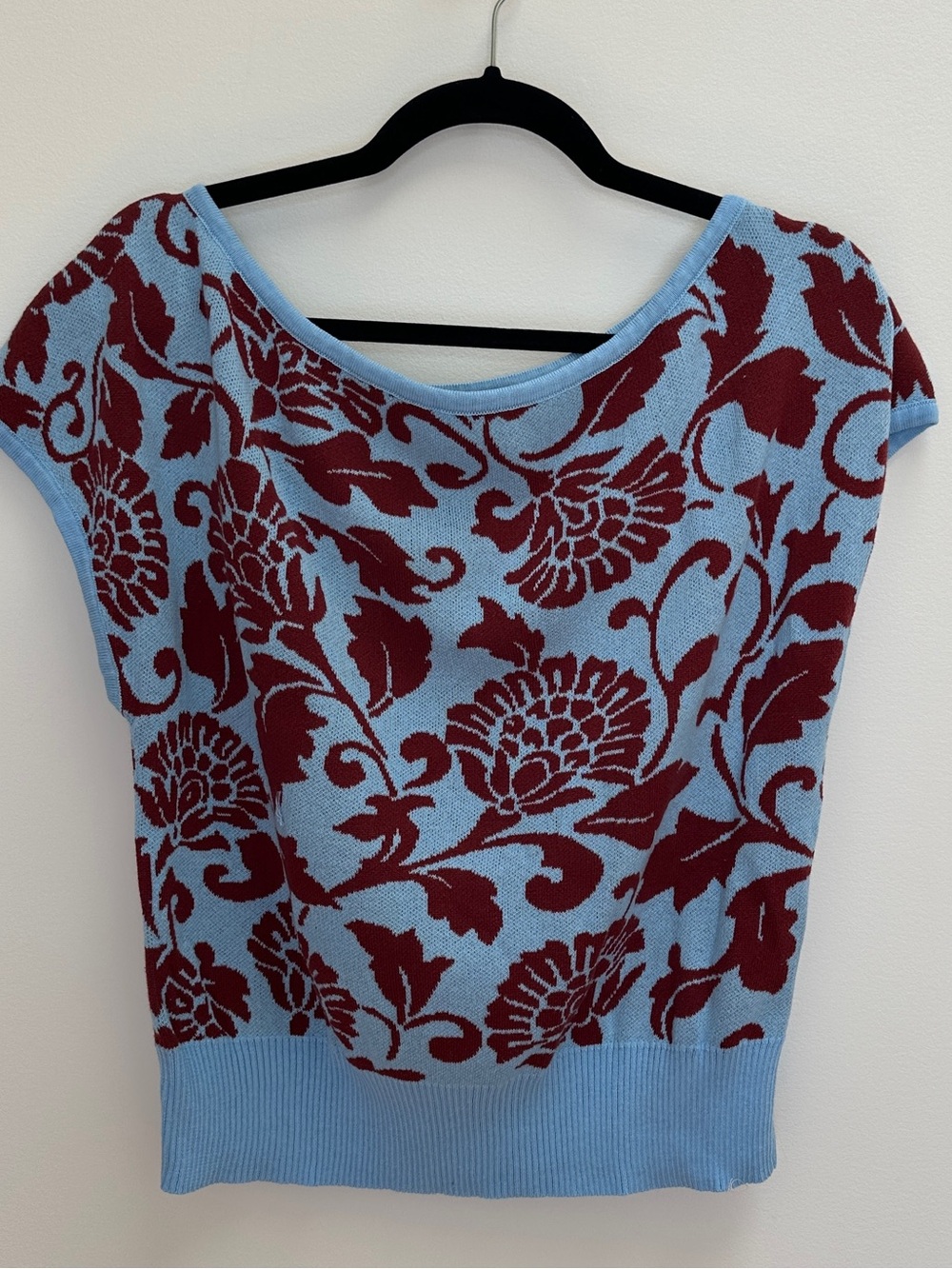 NWT OXKNIT 60s 70s Retro Floral Cotton Off The Shoulder Short Sleeve Sweater M
